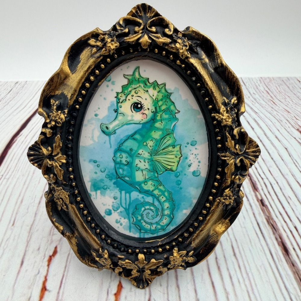 Small Ornate Gold Black Seahorse Framed Art‎ Print Decoupage Tabletop Decor 4in